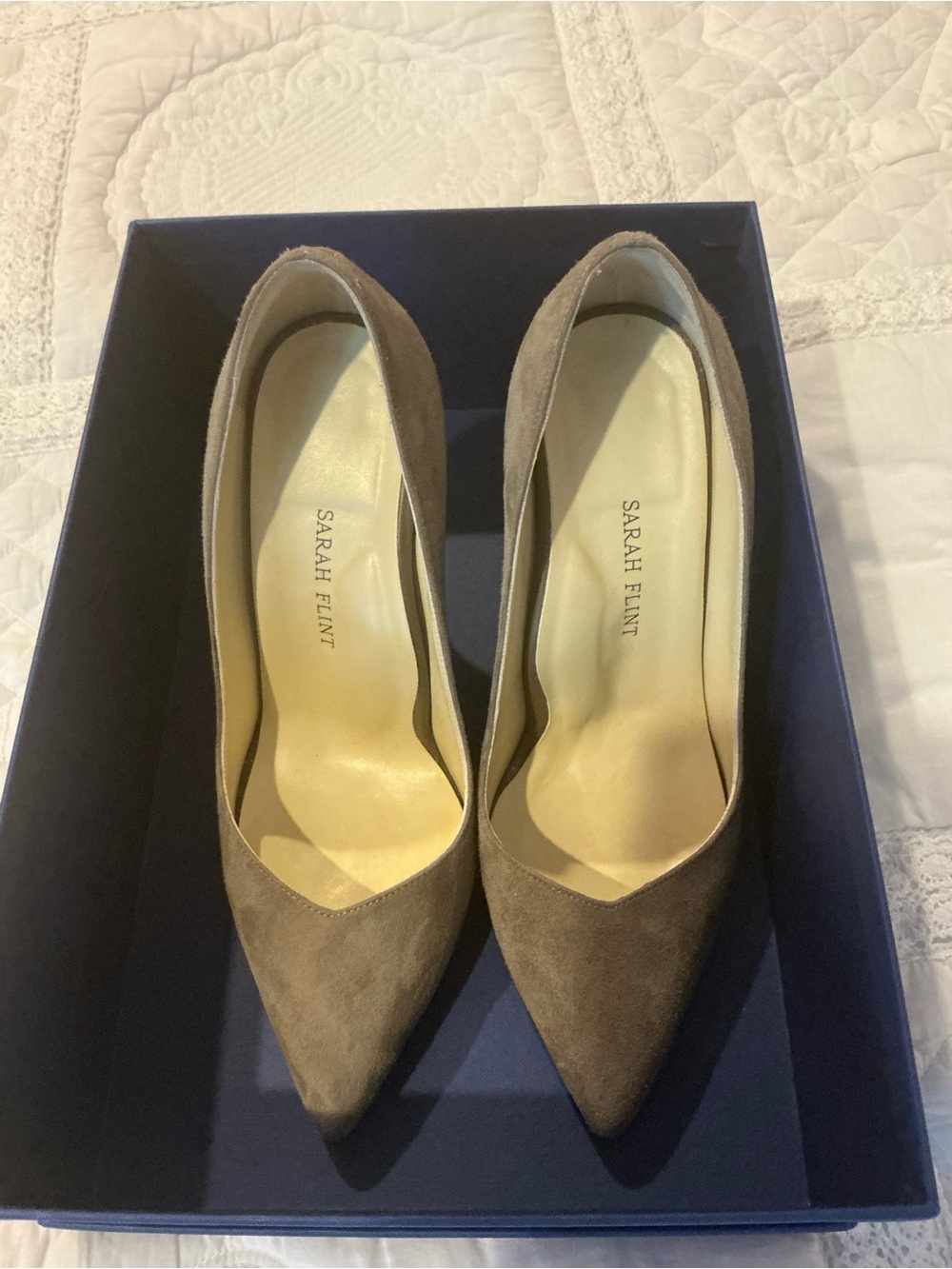 Sarah Flint Taupe Suede Pointed-Toe Pumps